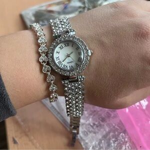 Roman Elegant Silver Crystal Bracelet Watch